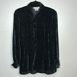 Jaeger Vintage Silk Blend Velvet Burnout Black Button Down Shirt Size M